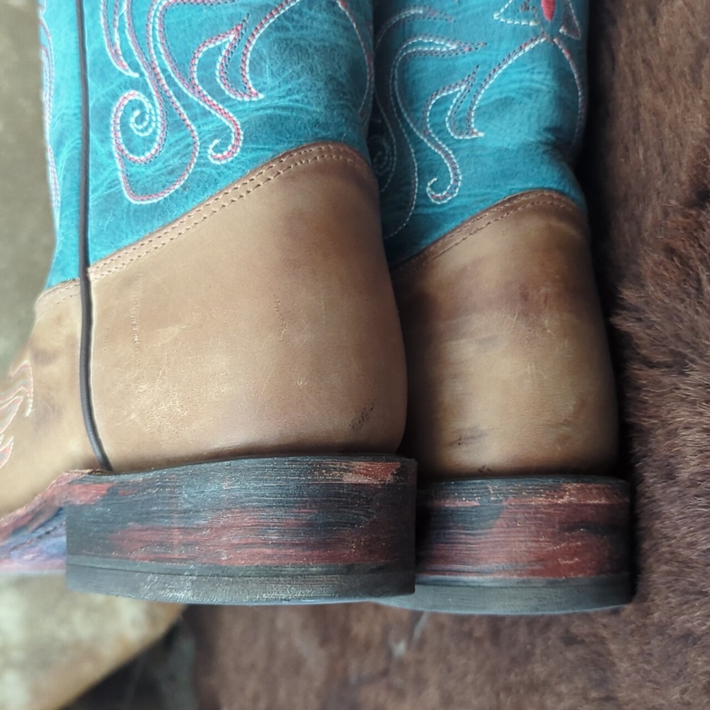 TONY LAMA ladies style#7931L "tan vintage cow cross" teal/brown cowboy boots 6.5 - Picture 14 of 16